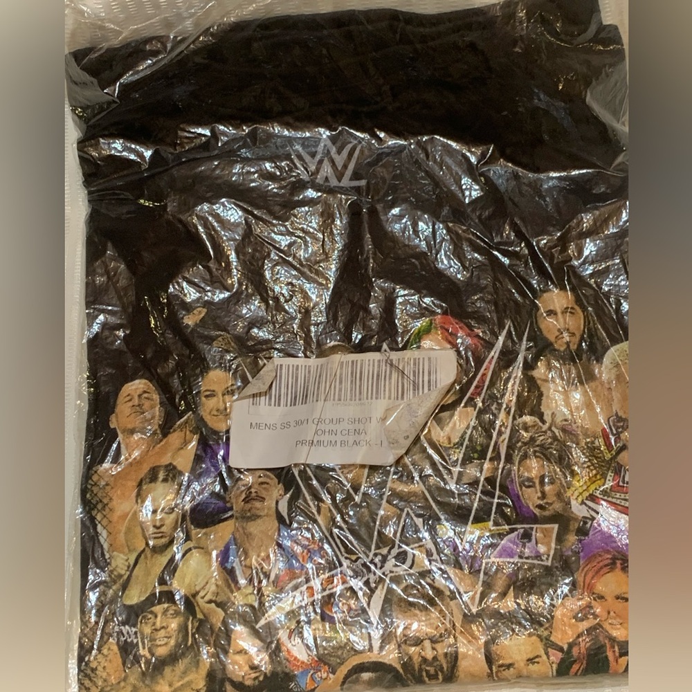 WWE Graphic T-Shirt. WWE John Cena group shot men's premium black cotton. SZ L